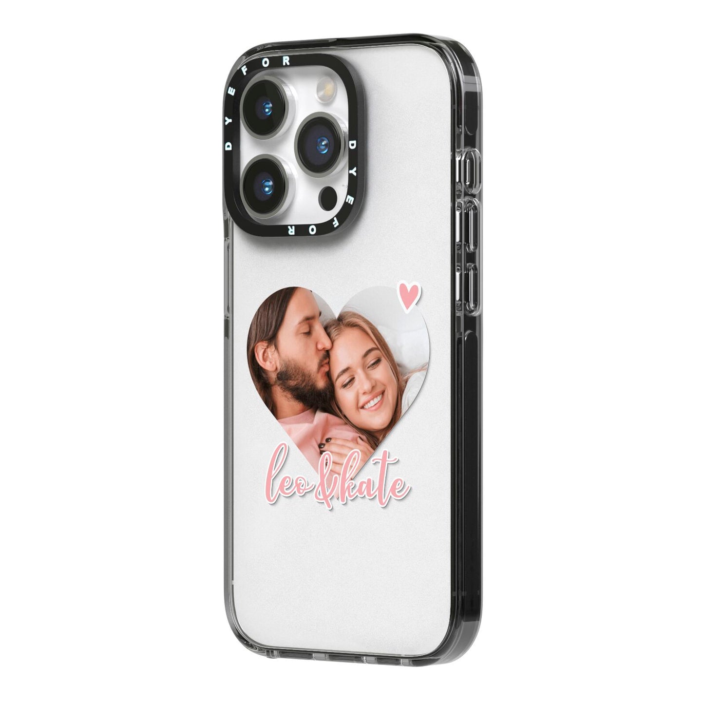 Custom Couples Photo iPhone 14 Pro Black Impact Case Side Angle on Silver phone