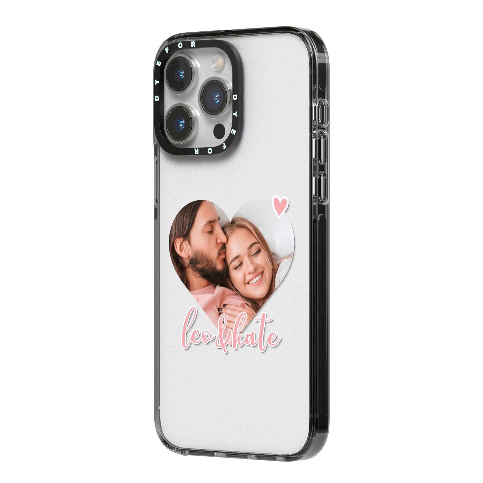 Custom Couples Photo iPhone 14 Pro Max Black Impact Case Side Angle on Silver phone