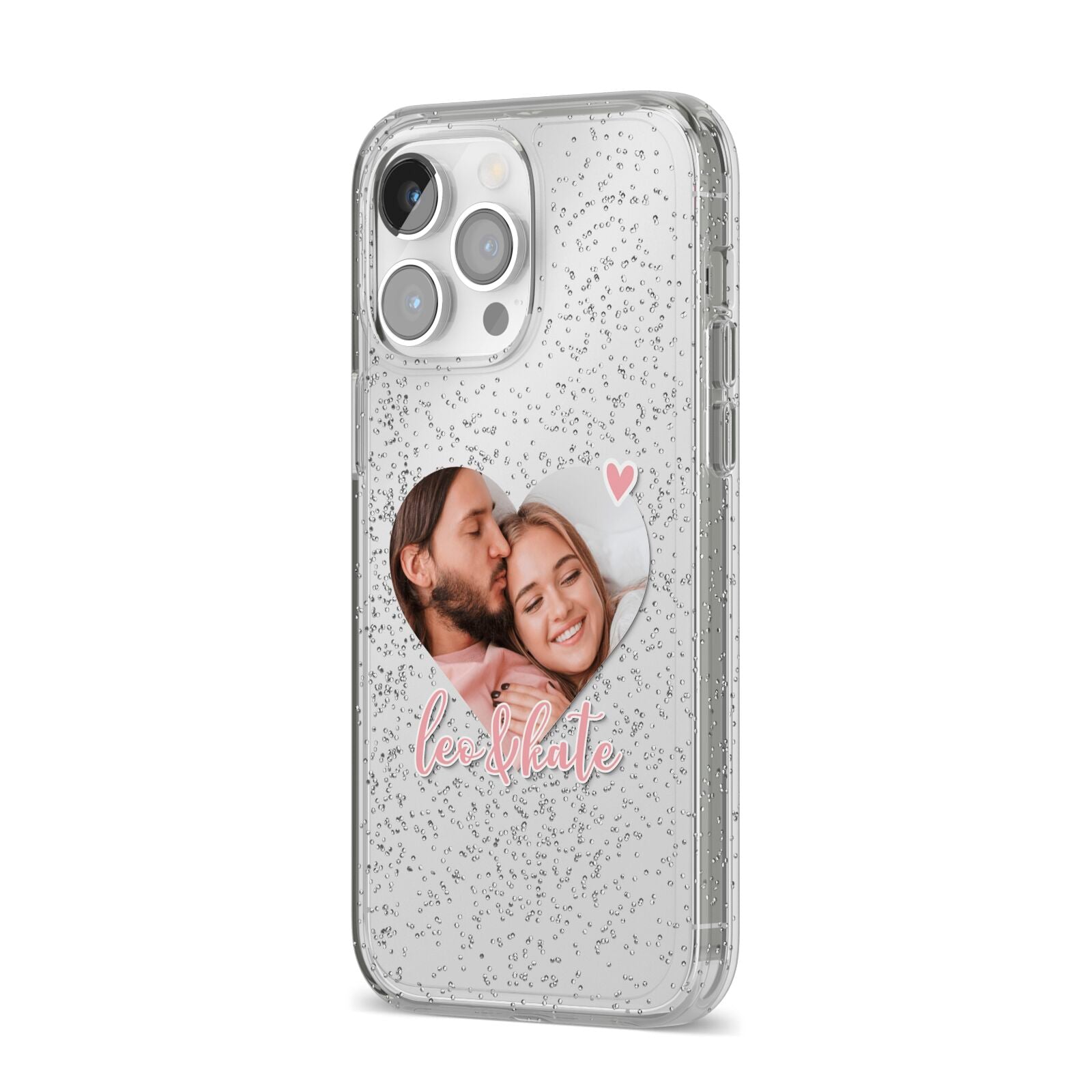 Custom Couples Photo iPhone 14 Pro Max Glitter Tough Case Silver Angled Image