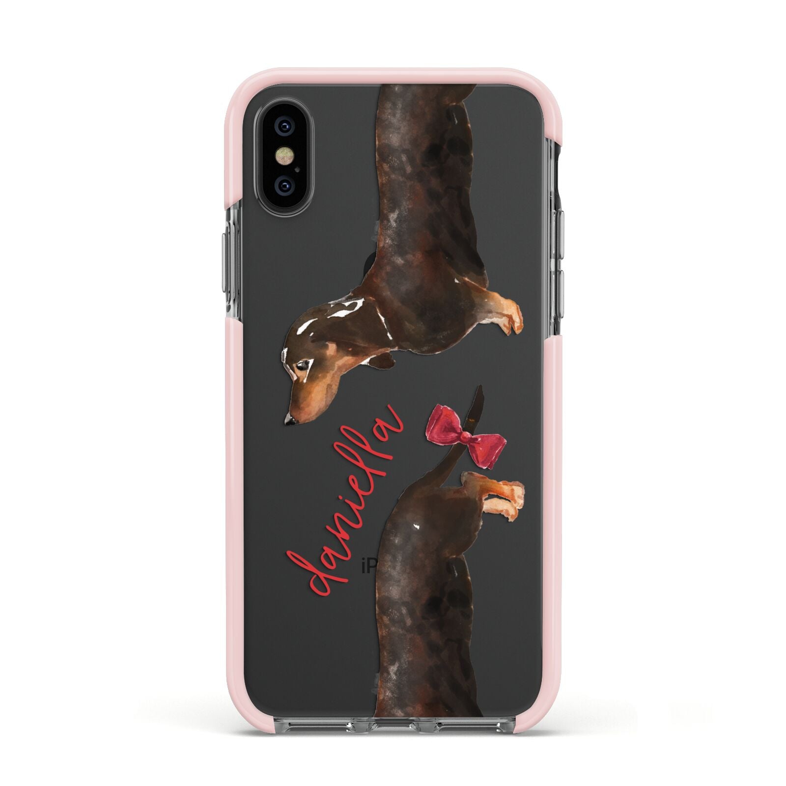 Custom Dachshund Apple iPhone Xs Impact Case Pink Edge on Black Phone