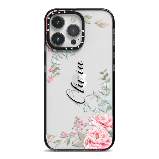 Custom Decorative Floral iPhone 14 Pro Max Black Impact Case on Silver phone