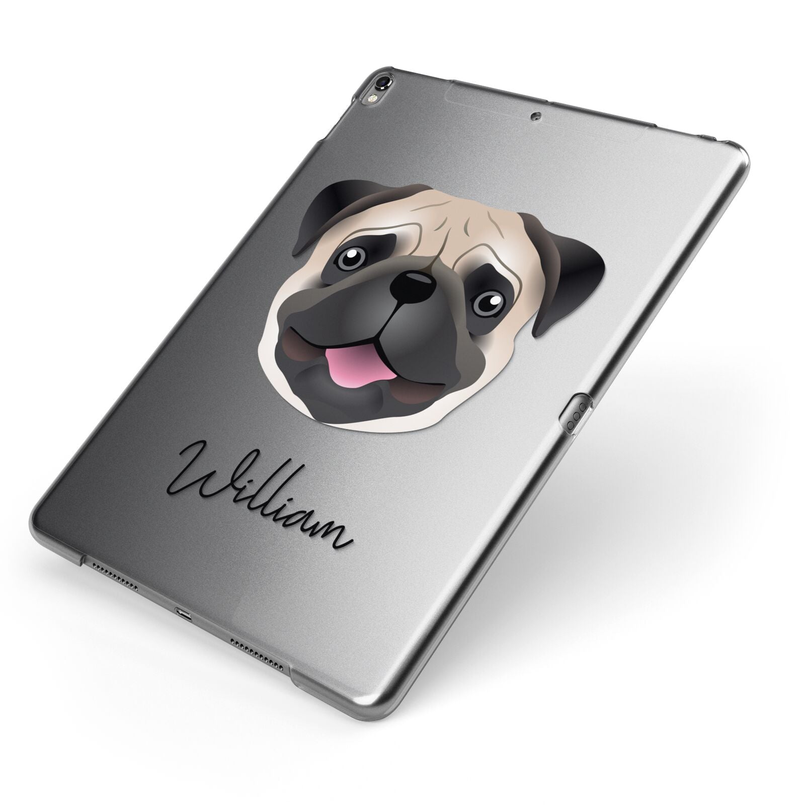 Custom Dog Illustration with Name Apple iPad Case on Grey iPad Side View