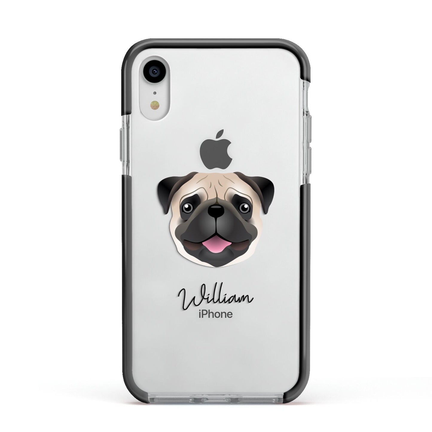 Custom Dog Illustration with Name Apple iPhone XR Impact Case Black Edge on Silver Phone
