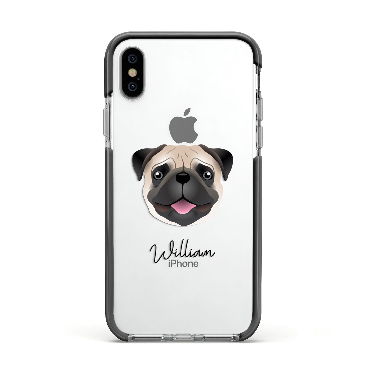Custom Dog Illustration with Name Apple iPhone Xs Impact Case Black Edge on Silver Phone