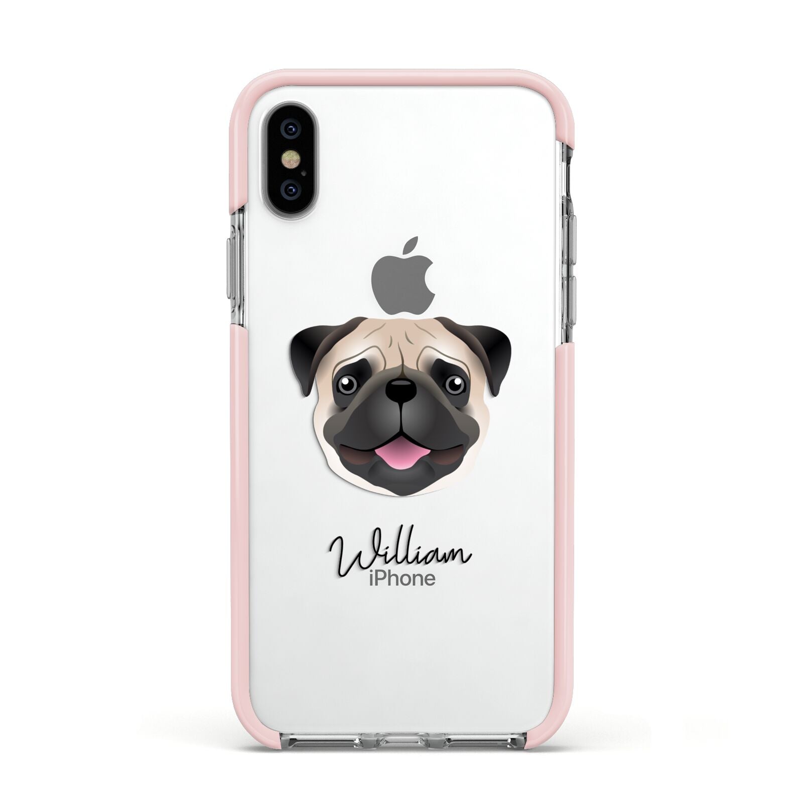 Custom Dog Illustration with Name Apple iPhone Xs Impact Case Pink Edge on Silver Phone