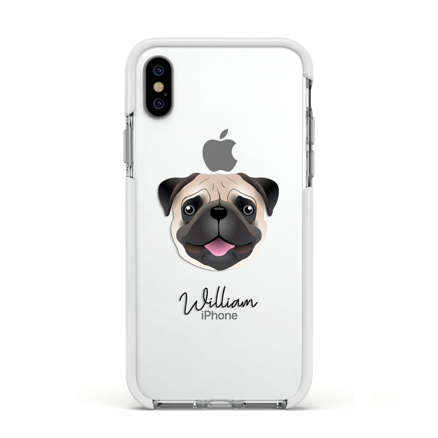Custom Dog Illustration with Name Apple iPhone Xs Impact Case White Edge on Silver Phone