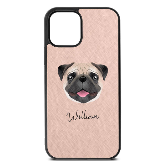 Custom Dog Illustration with Name Nude Saffiano Leather iPhone 12 Case