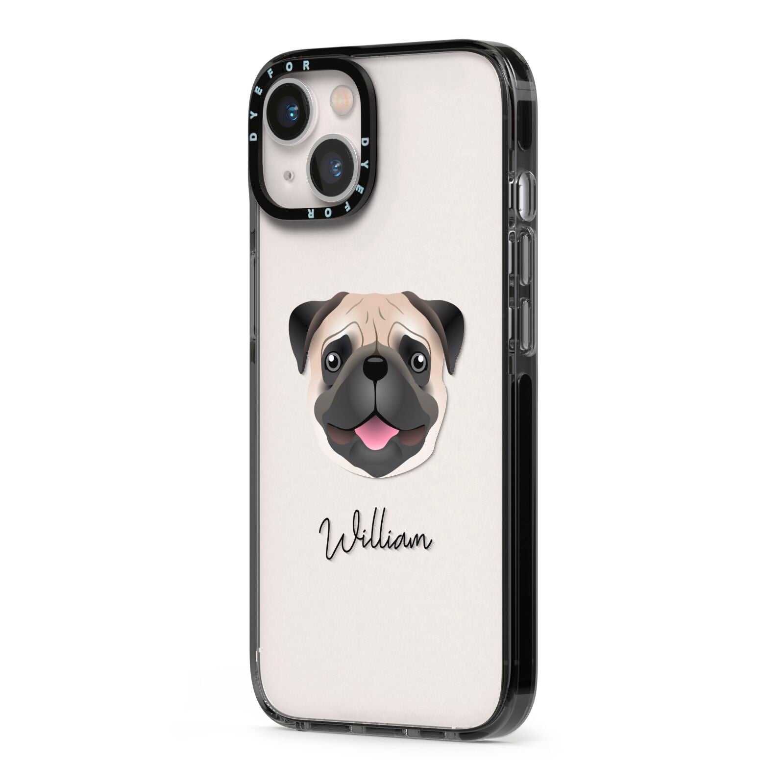 Custom Dog Illustration with Name iPhone 13 Black Impact Case Side Angle on Silver phone