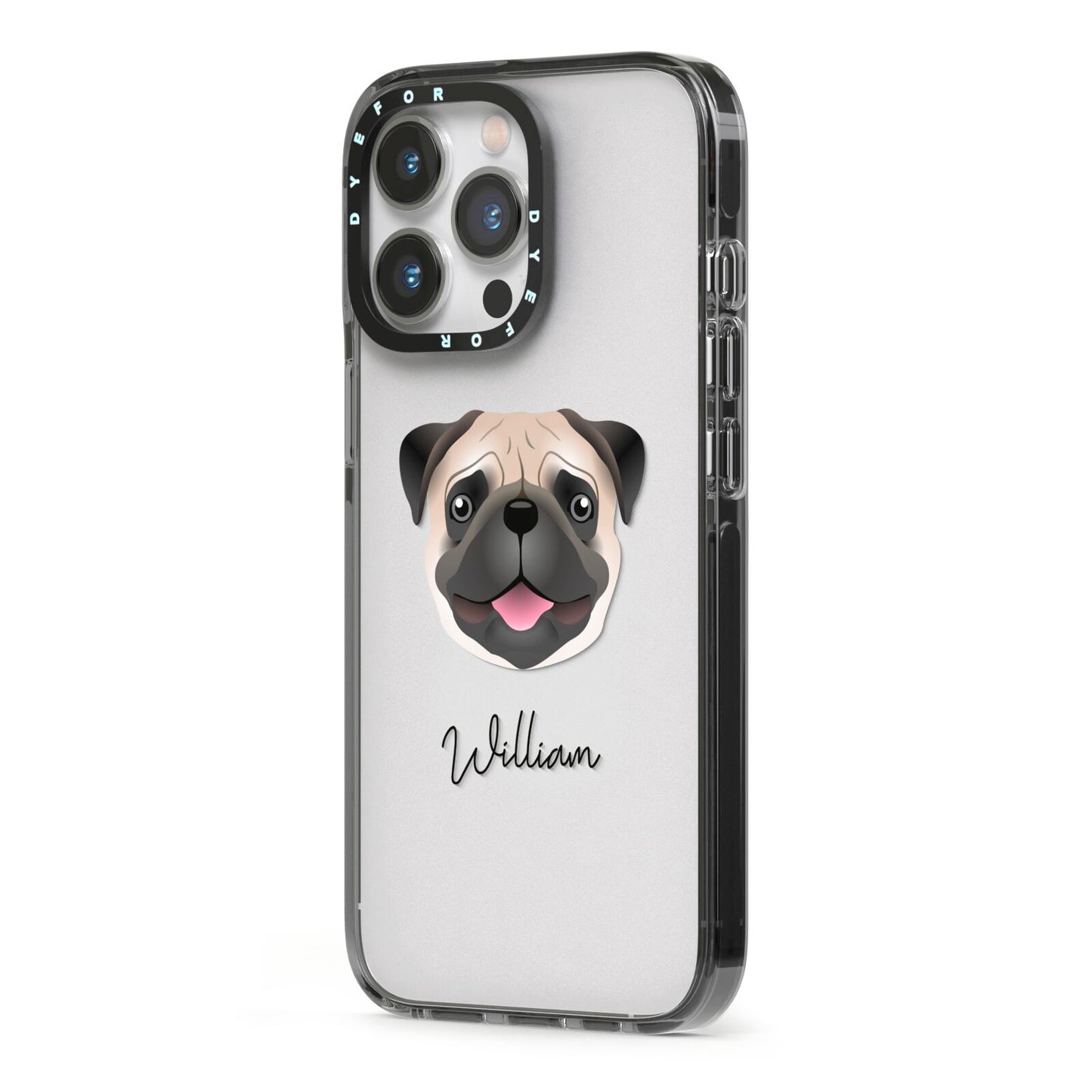 Custom Dog Illustration with Name iPhone 13 Pro Black Impact Case Side Angle on Silver phone