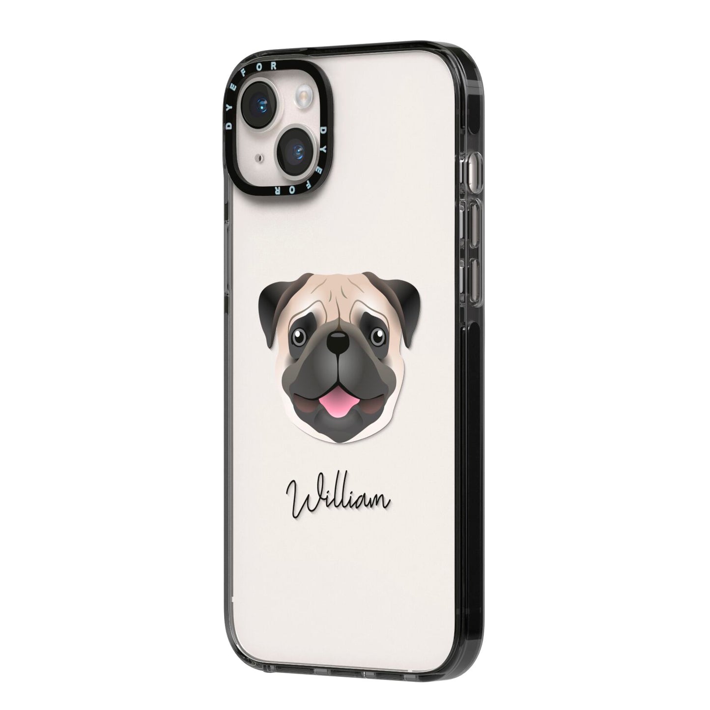 Custom Dog Illustration with Name iPhone 14 Plus Black Impact Case Side Angle on Silver phone