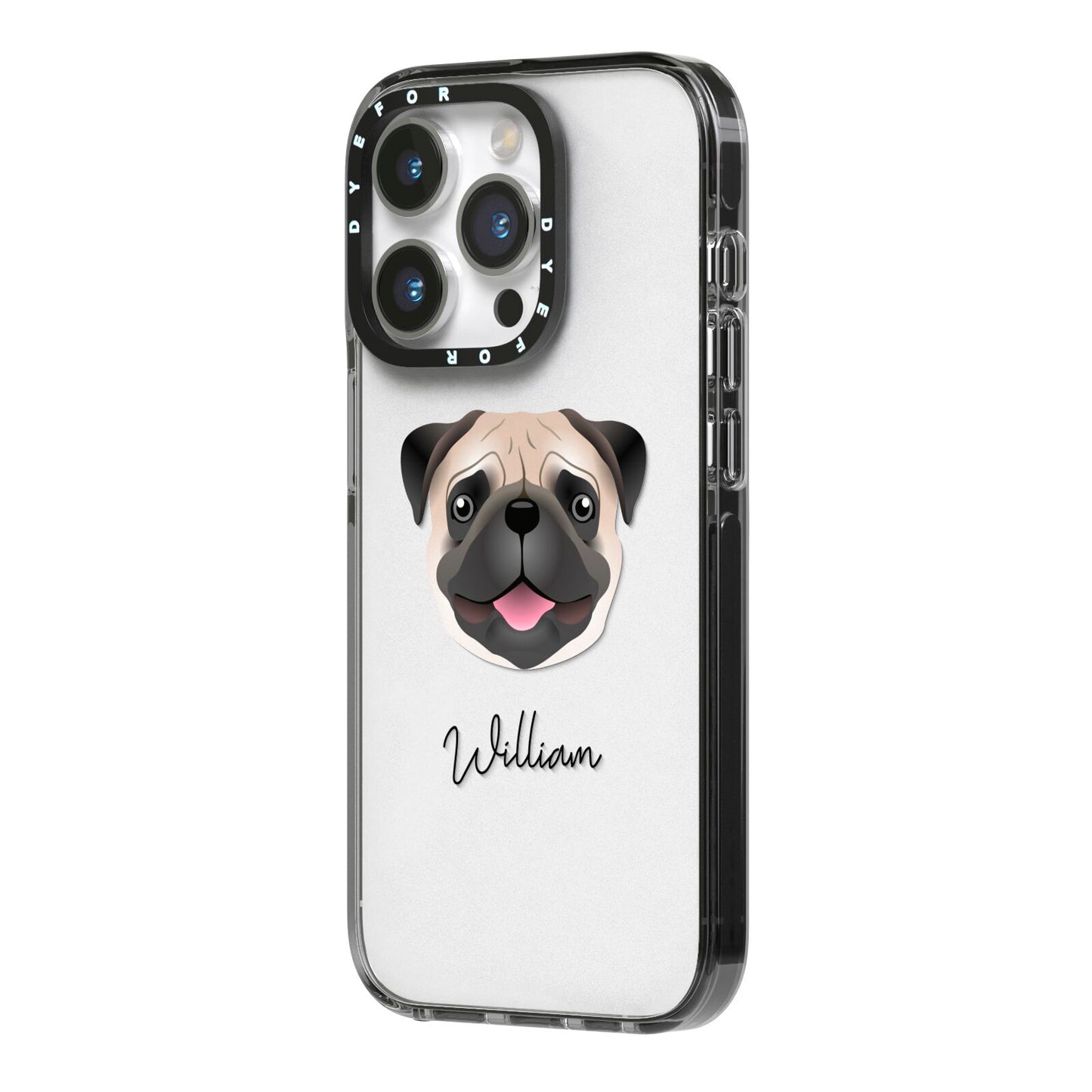 Custom Dog Illustration with Name iPhone 14 Pro Black Impact Case Side Angle on Silver phone
