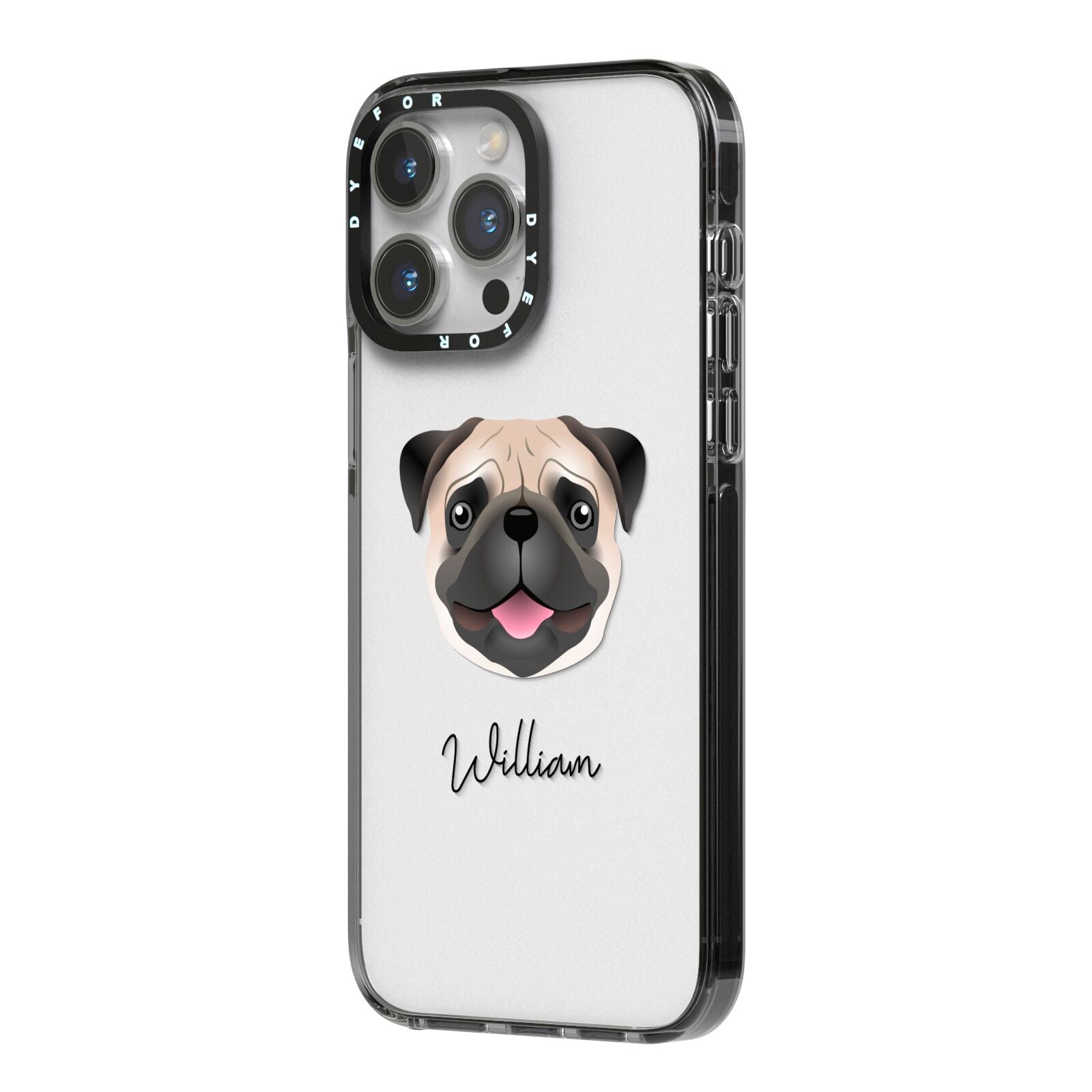 Custom Dog Illustration with Name iPhone 14 Pro Max Black Impact Case Side Angle on Silver phone