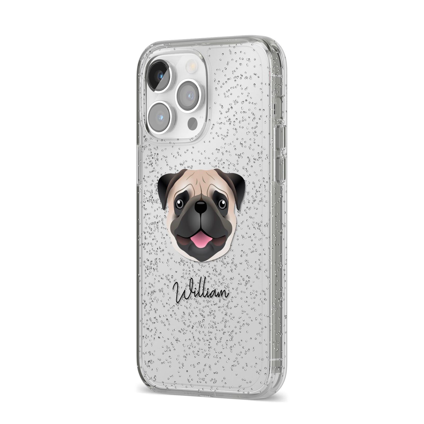 Custom Dog Illustration with Name iPhone 14 Pro Max Glitter Tough Case Silver Angled Image