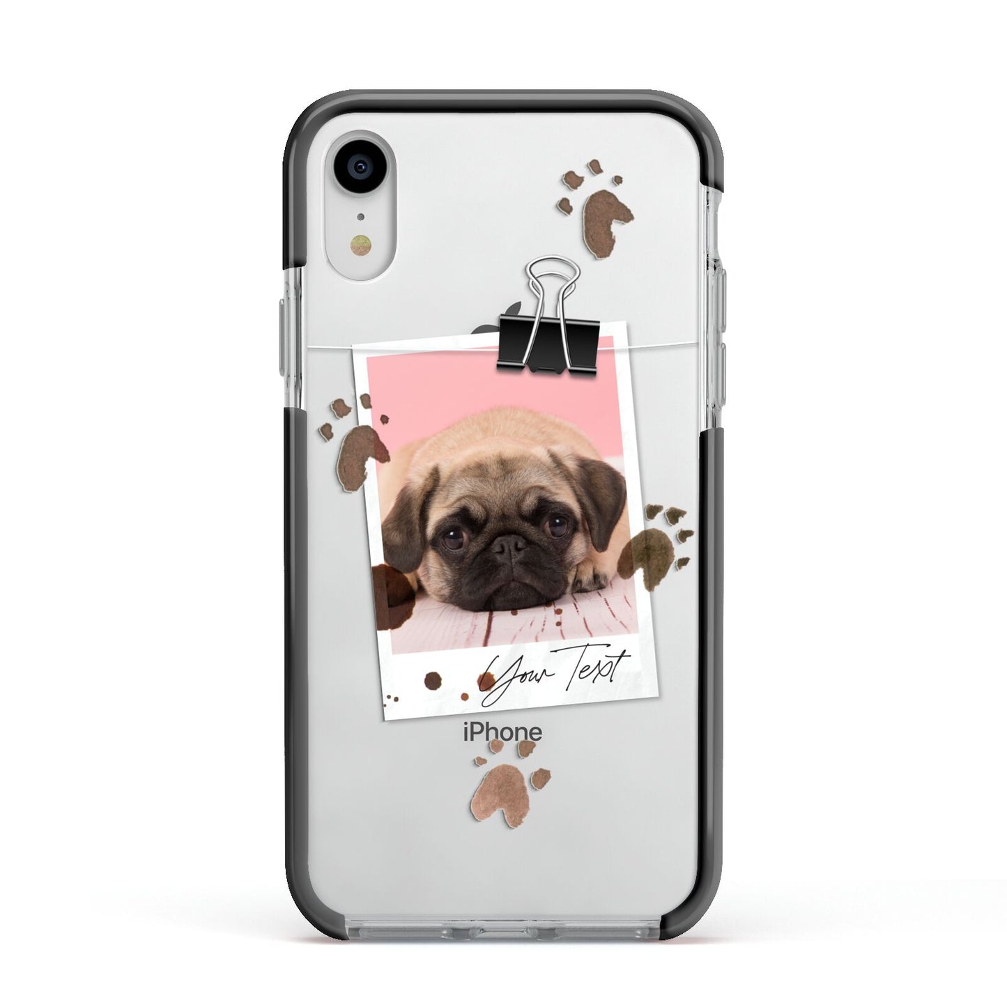 Custom Dog Picture with Name Apple iPhone XR Impact Case Black Edge on Silver Phone