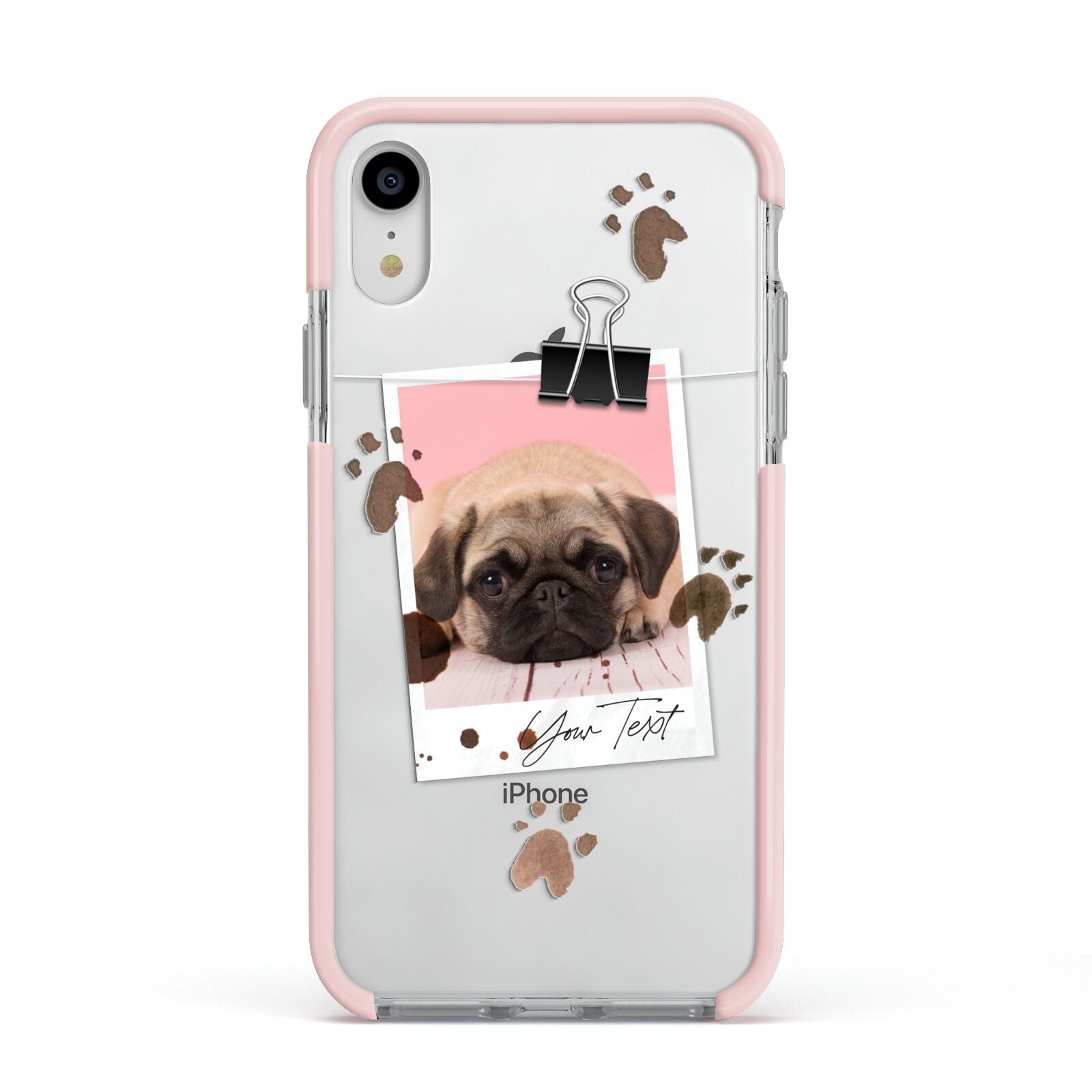 Custom Dog Picture with Name Apple iPhone XR Impact Case Pink Edge on Silver Phone