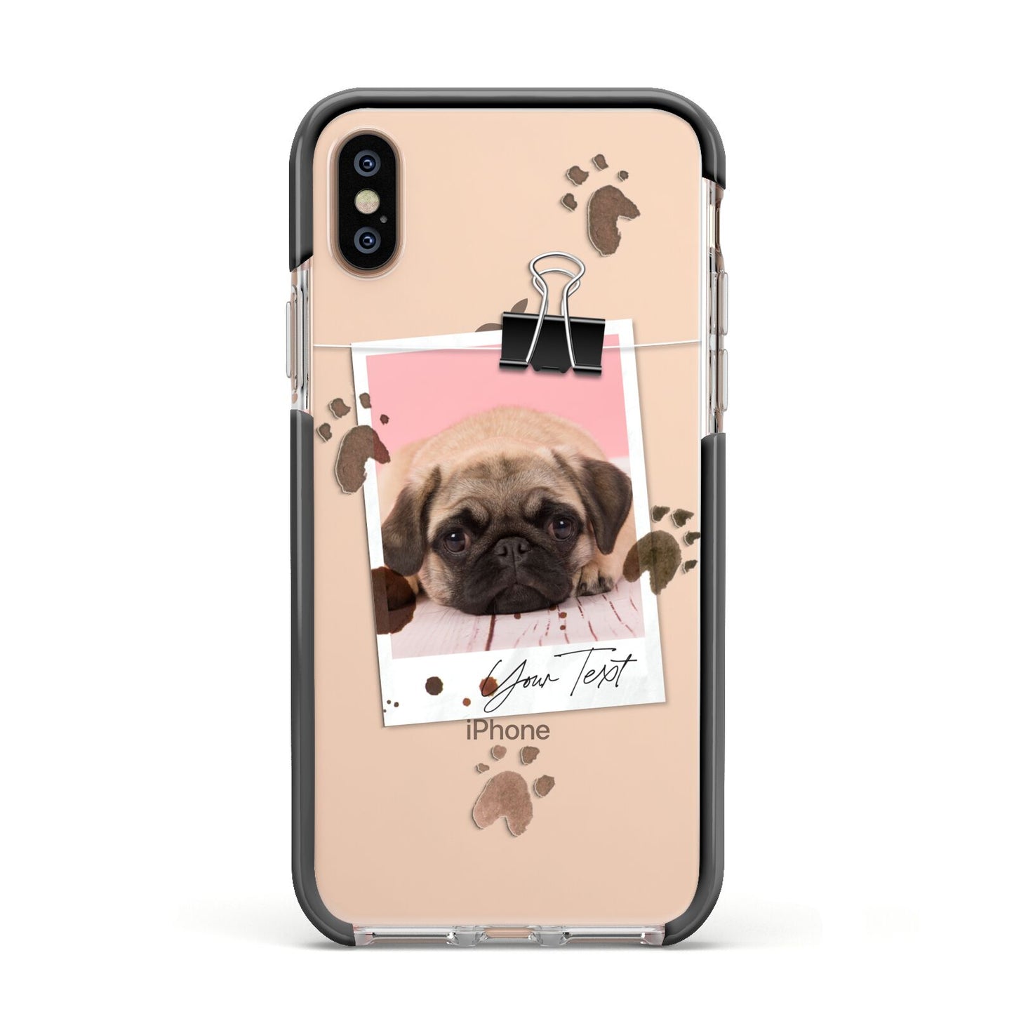 Custom Dog Picture with Name Apple iPhone Xs Impact Case Black Edge on Gold Phone