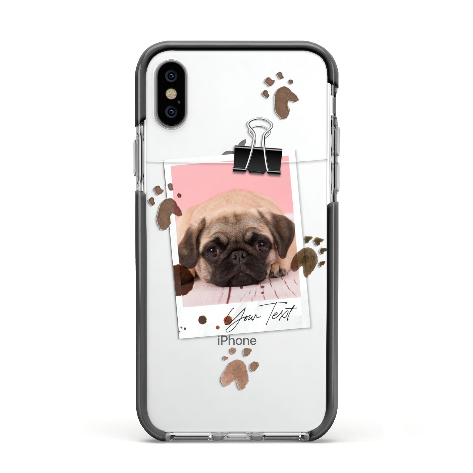 Custom Dog Picture with Name Apple iPhone Xs Impact Case Black Edge on Silver Phone
