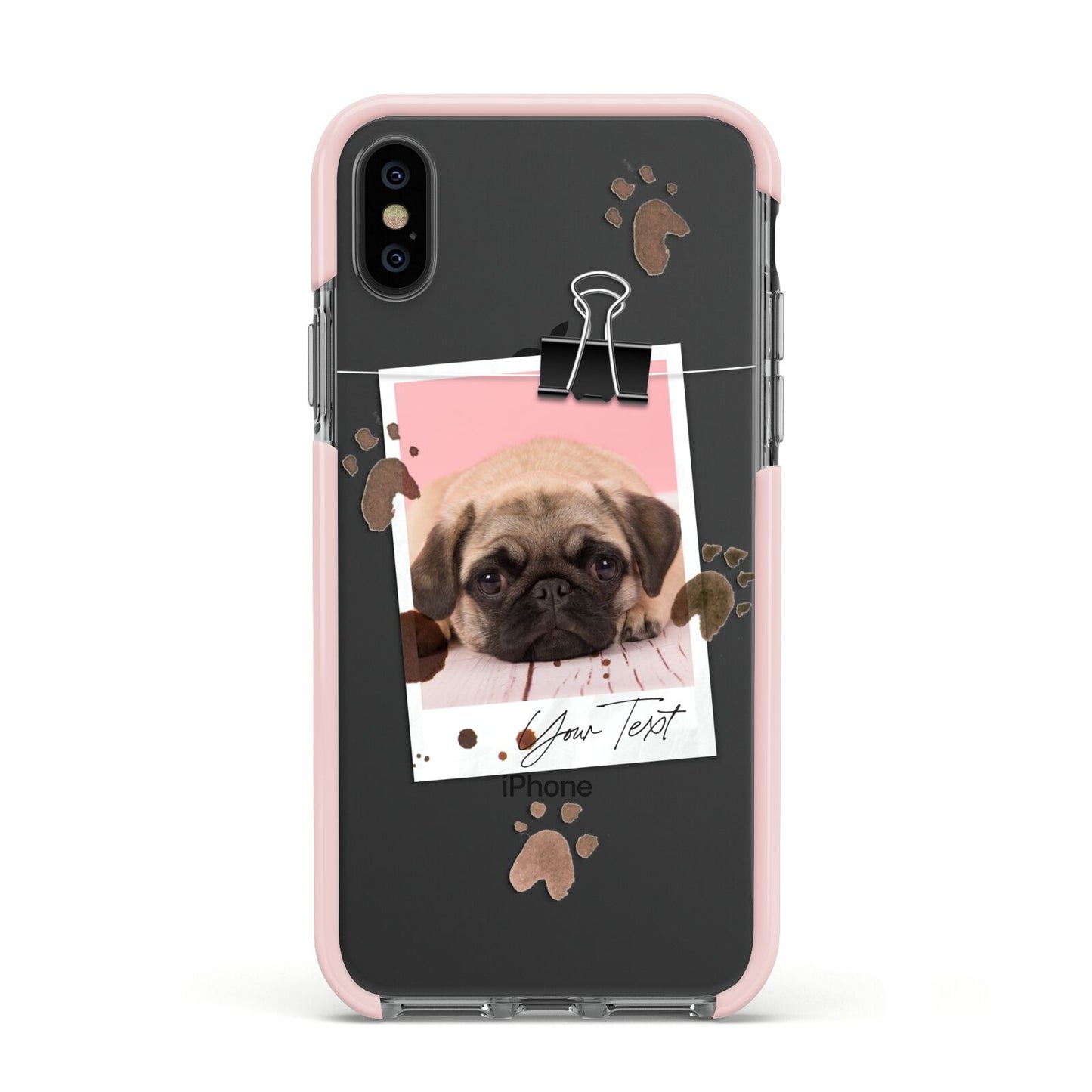 Custom Dog Picture with Name Apple iPhone Xs Impact Case Pink Edge on Black Phone