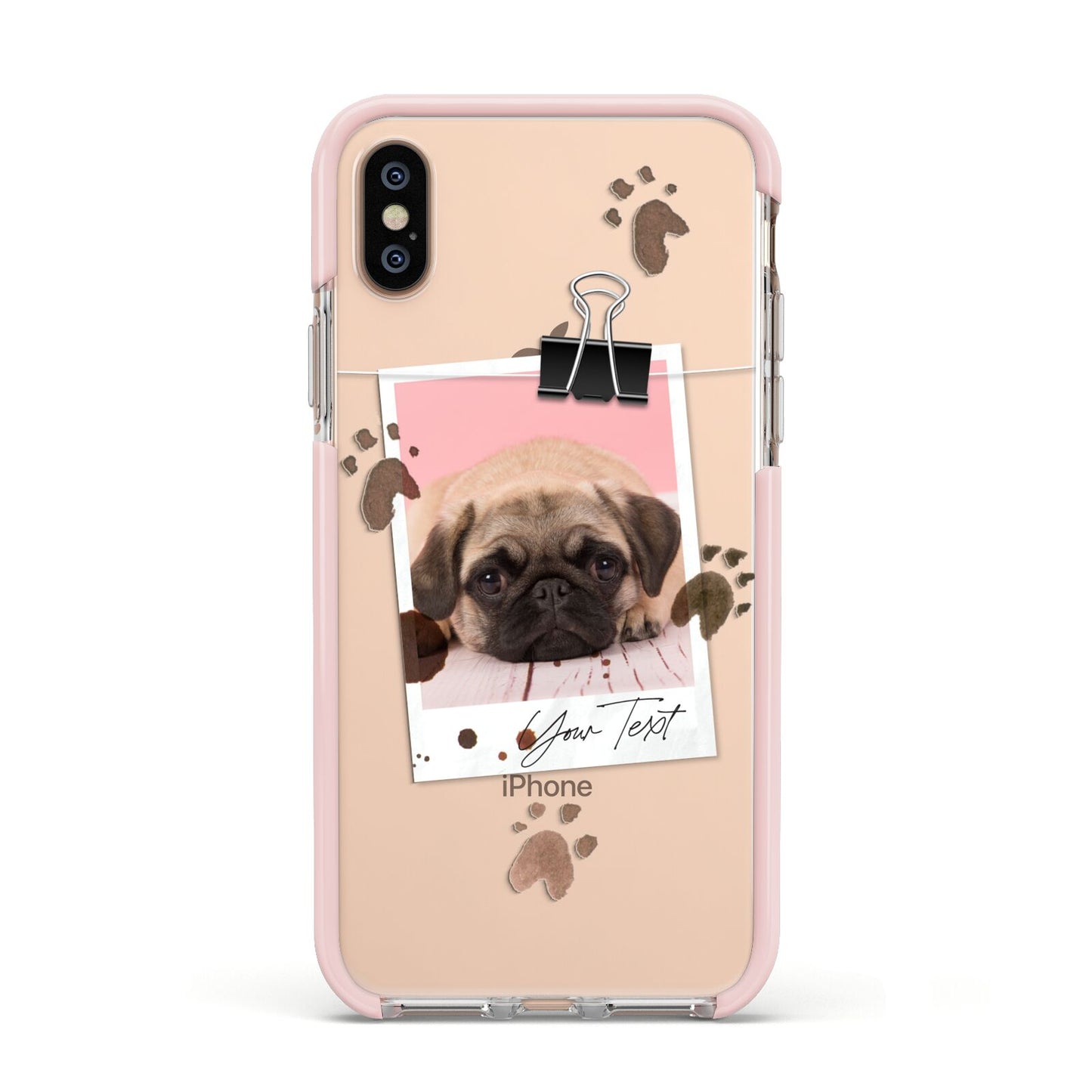 Custom Dog Picture with Name Apple iPhone Xs Impact Case Pink Edge on Gold Phone