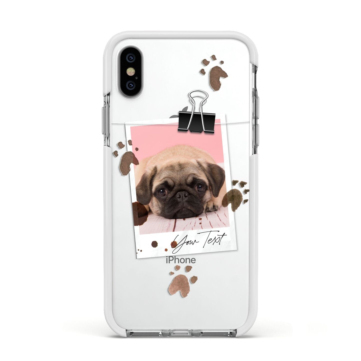 Custom Dog Picture with Name Apple iPhone Xs Impact Case White Edge on Silver Phone