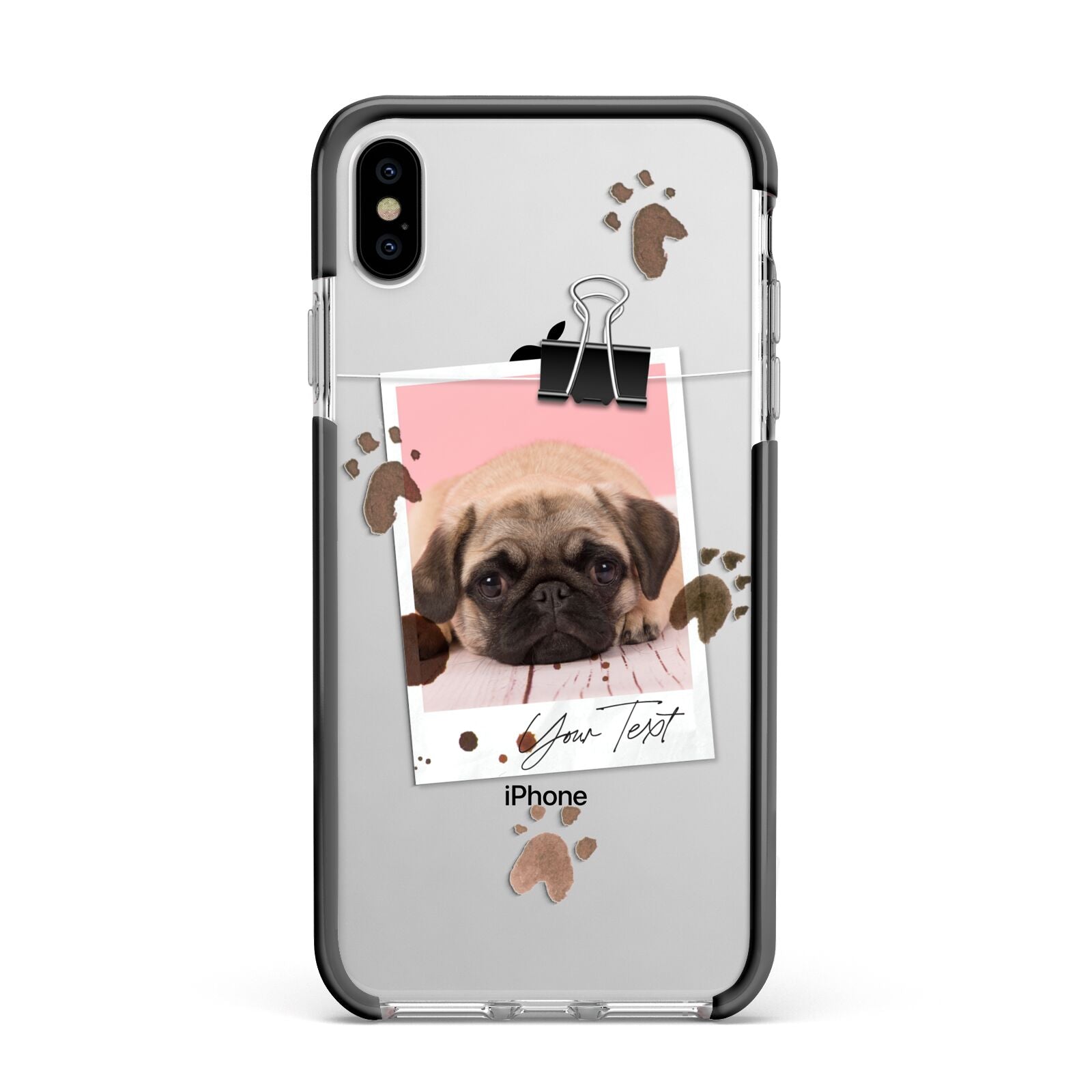 Custom Dog Picture with Name Apple iPhone Xs Max Impact Case Black Edge on Silver Phone