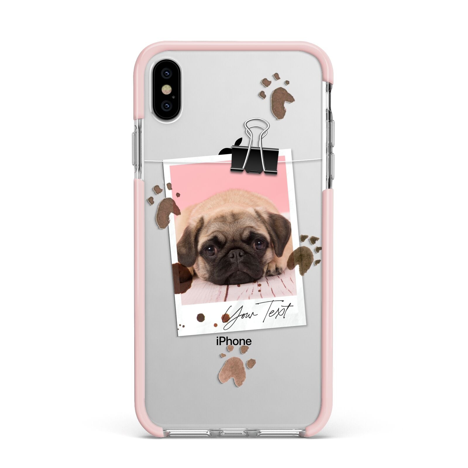 Custom Dog Picture with Name Apple iPhone Xs Max Impact Case Pink Edge on Silver Phone