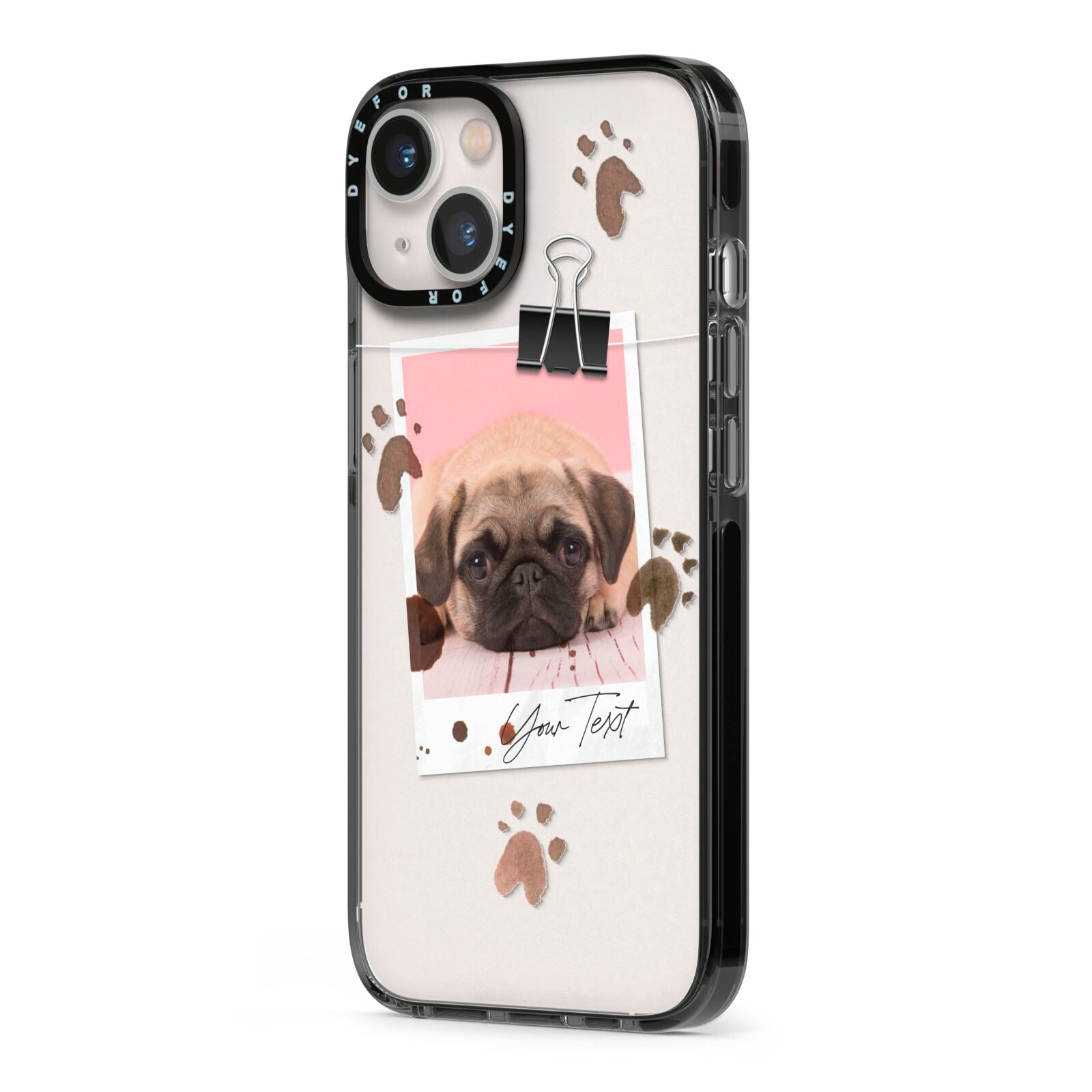 Custom Dog Picture with Name iPhone 13 Black Impact Case Side Angle on Silver phone