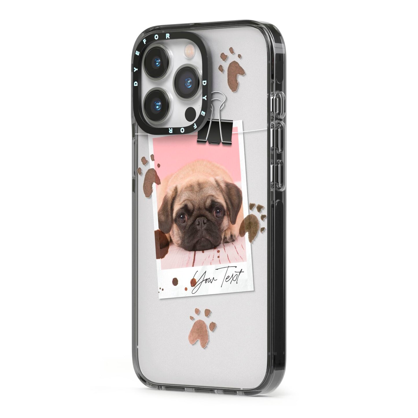 Custom Dog Picture with Name iPhone 13 Pro Black Impact Case Side Angle on Silver phone