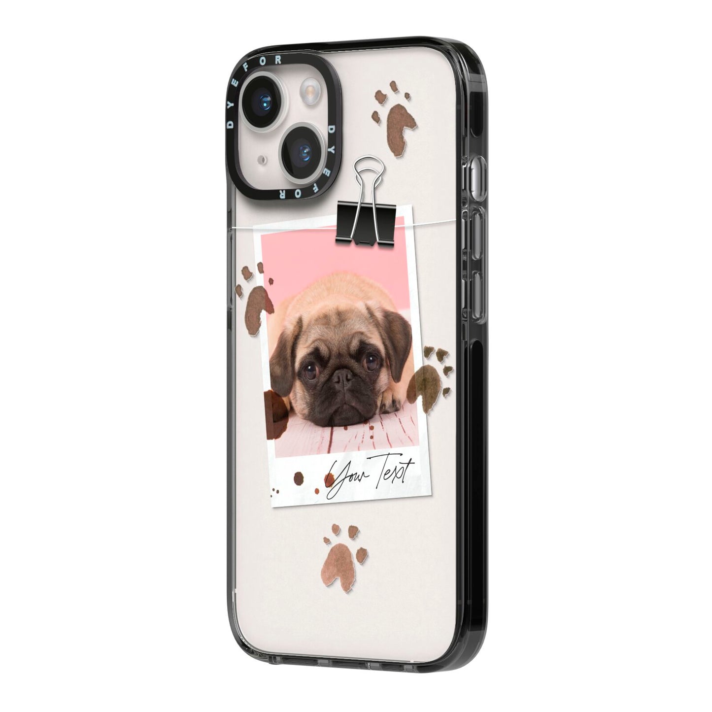 Custom Dog Picture with Name iPhone 14 Black Impact Case Side Angle on Silver phone