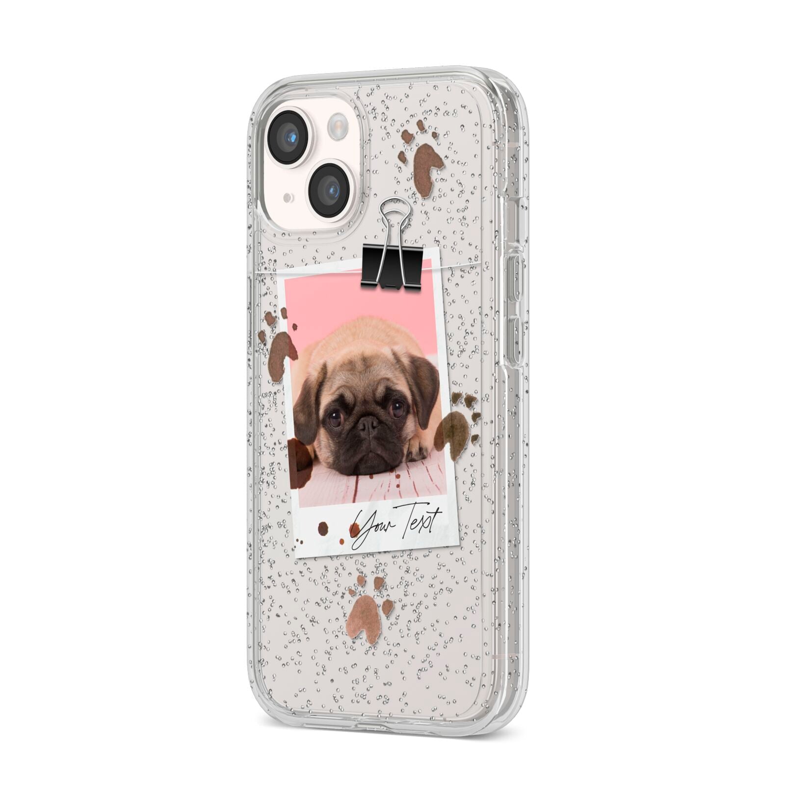 Custom Dog Picture with Name iPhone 14 Glitter Tough Case Starlight Angled Image