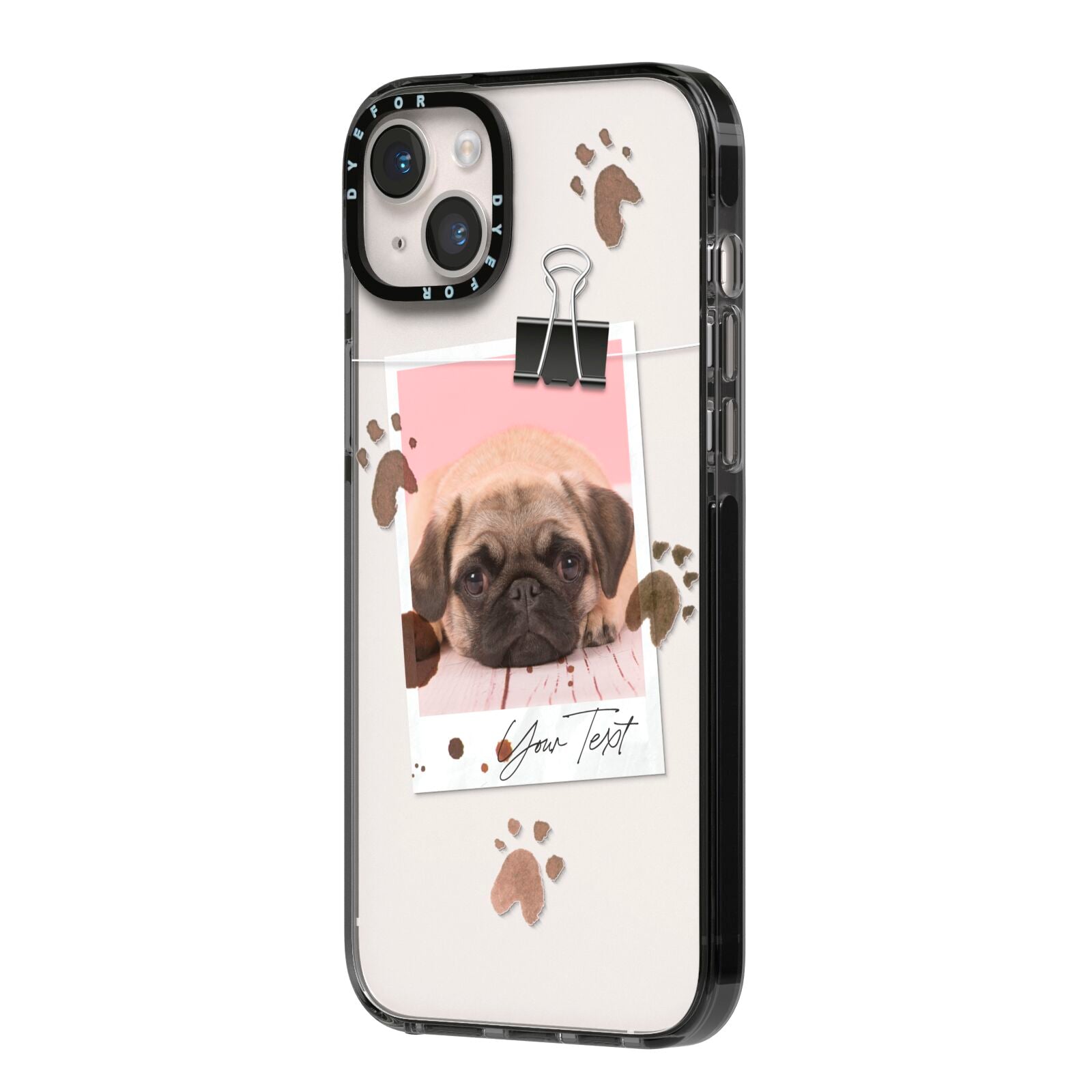 Custom Dog Picture with Name iPhone 14 Plus Black Impact Case Side Angle on Silver phone