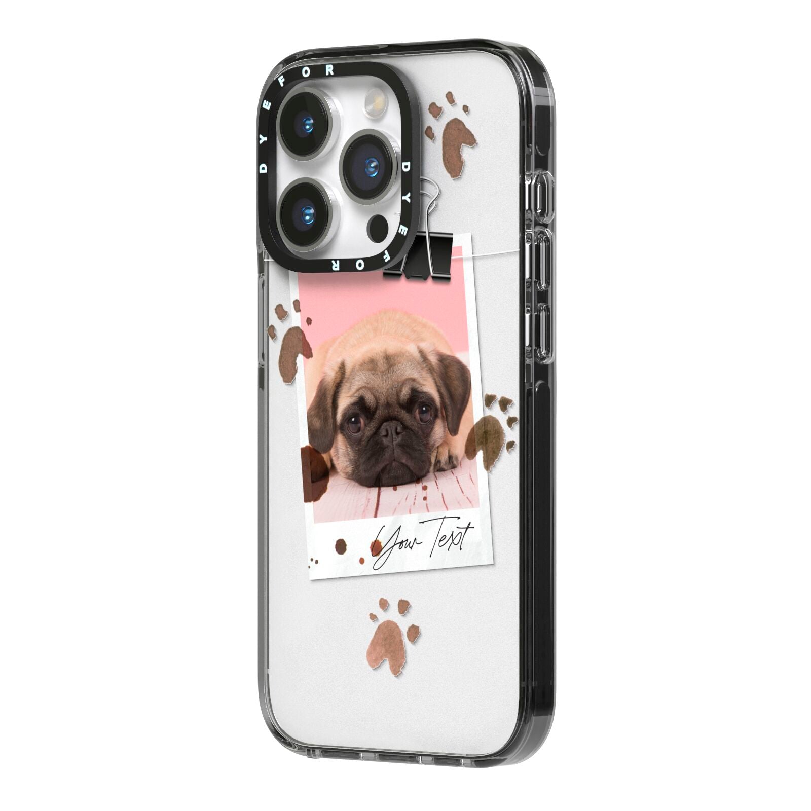 Custom Dog Picture with Name iPhone 14 Pro Black Impact Case Side Angle on Silver phone