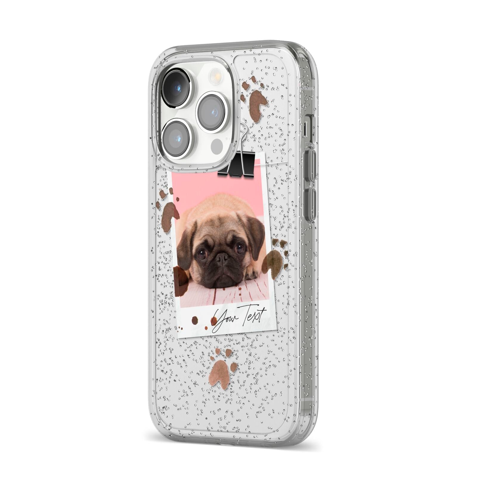 Custom Dog Picture with Name iPhone 14 Pro Glitter Tough Case Silver Angled Image