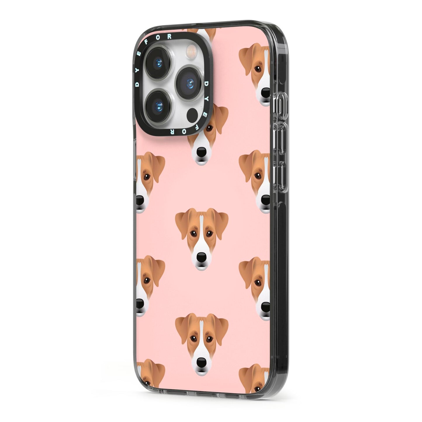 Custom Dog iPhone 13 Pro Black Impact Case Side Angle on Silver phone