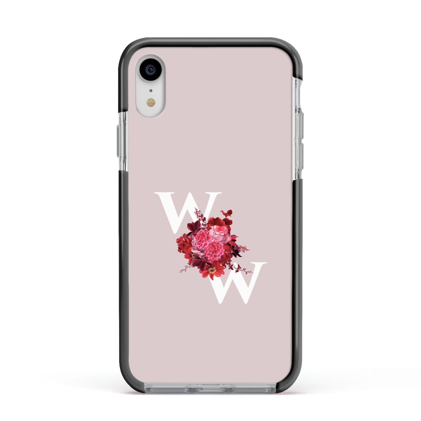 Custom Dual Initial Floral Apple iPhone XR Impact Case Black Edge on Silver Phone