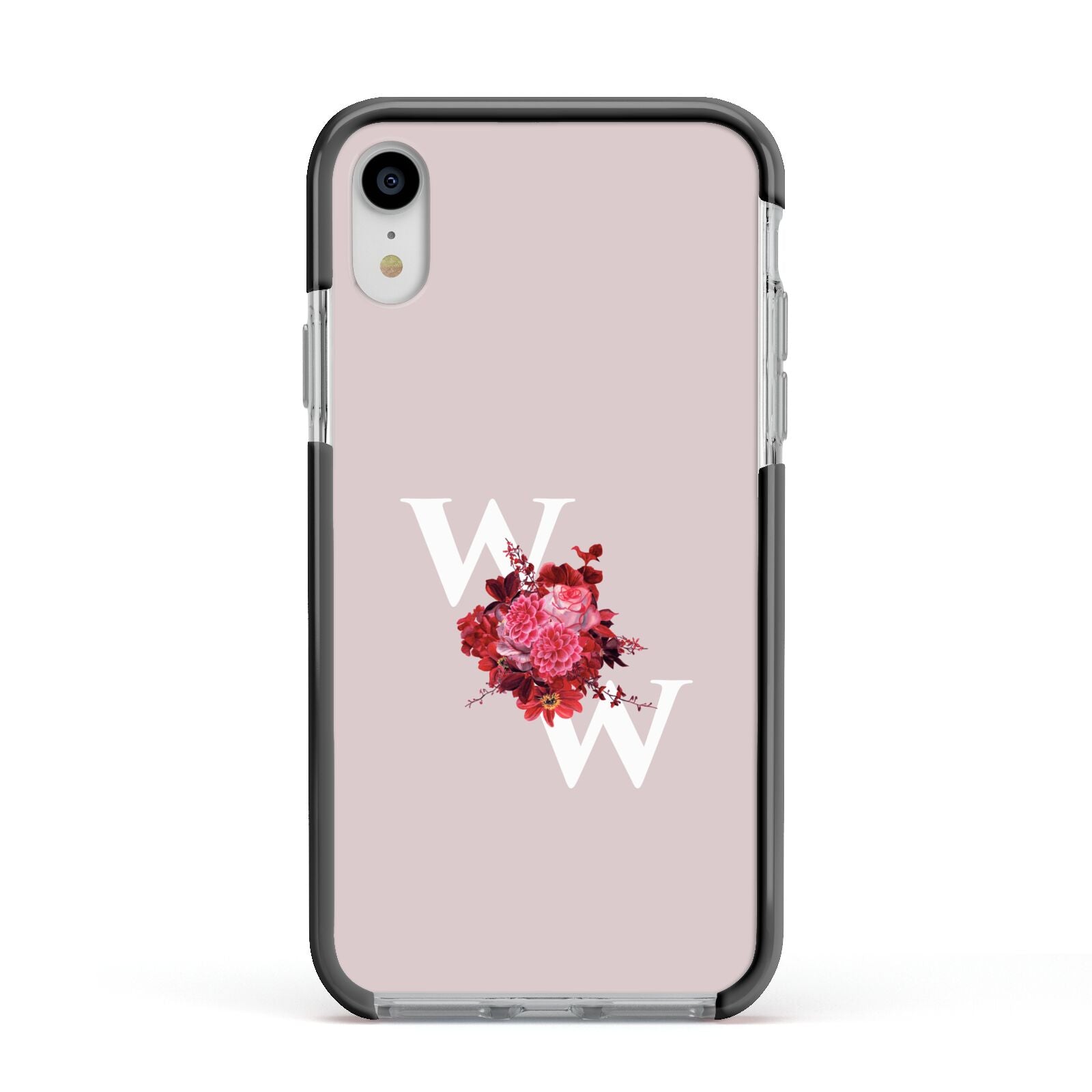 Custom Dual Initial Floral Apple iPhone XR Impact Case Black Edge on Silver Phone