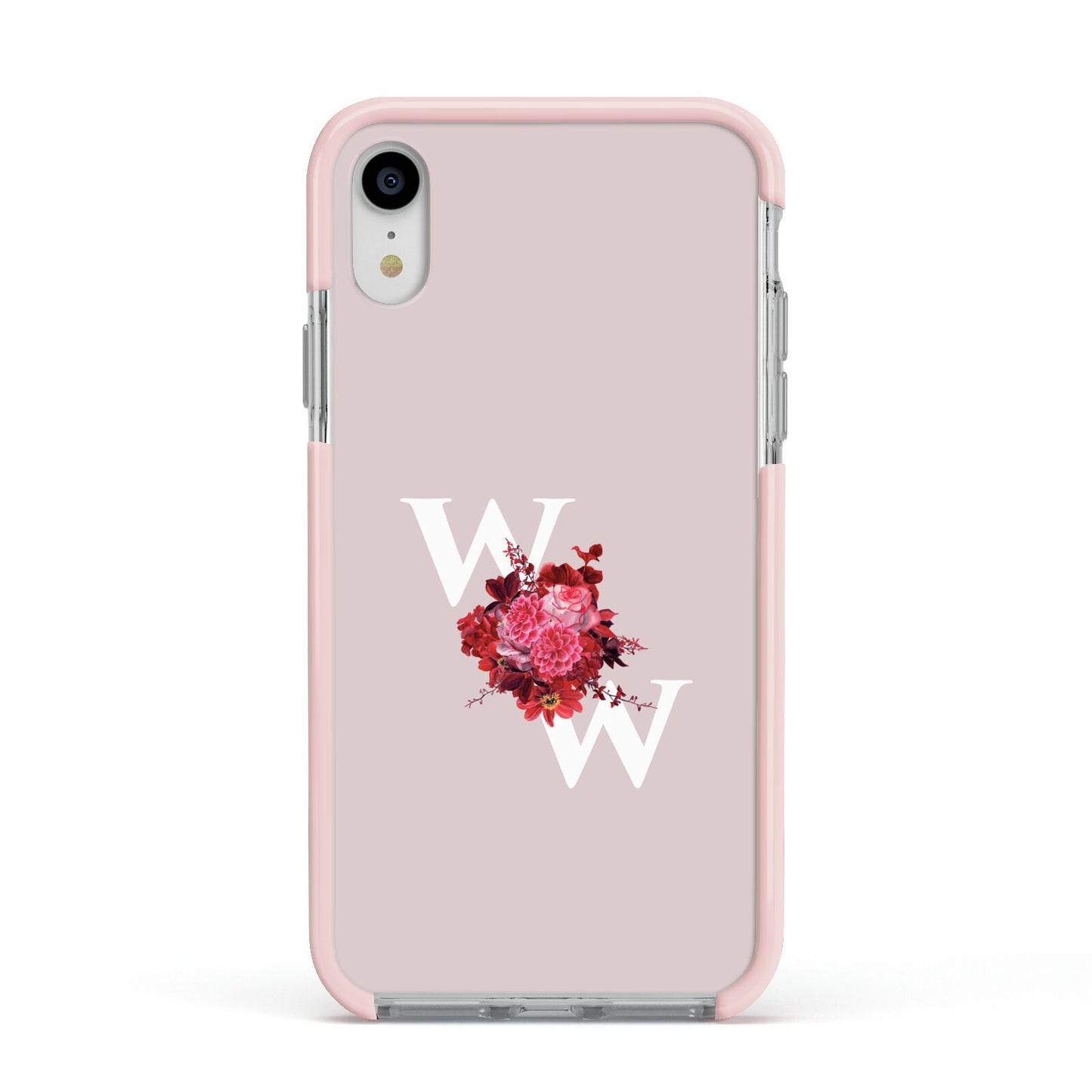 Custom Dual Initial Floral Apple iPhone XR Impact Case Pink Edge on Silver Phone