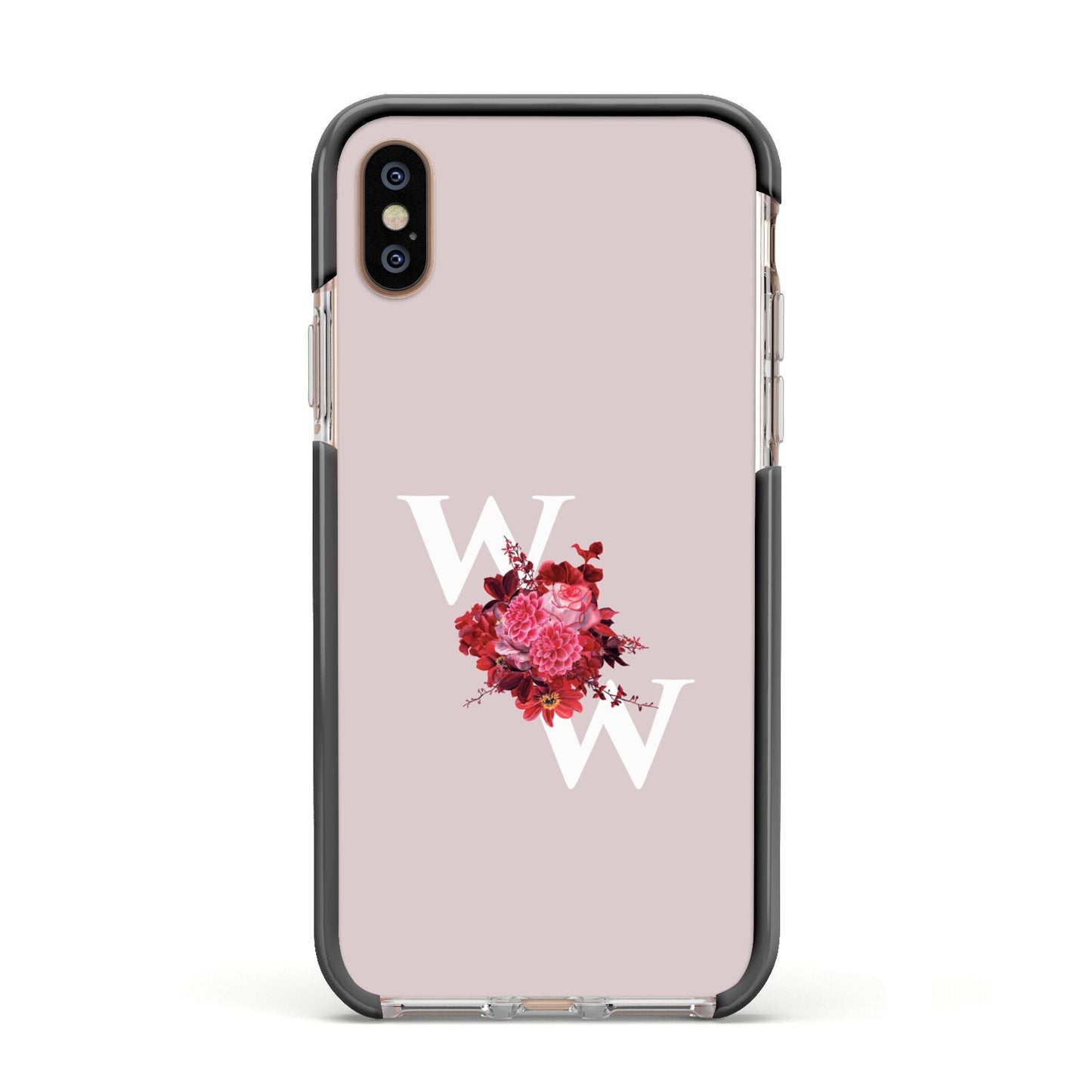 Custom Dual Initial Floral Apple iPhone Xs Impact Case Black Edge on Gold Phone