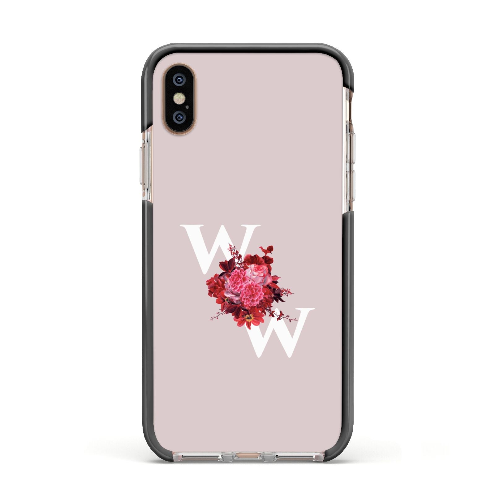 Custom Dual Initial Floral Apple iPhone Xs Impact Case Black Edge on Gold Phone