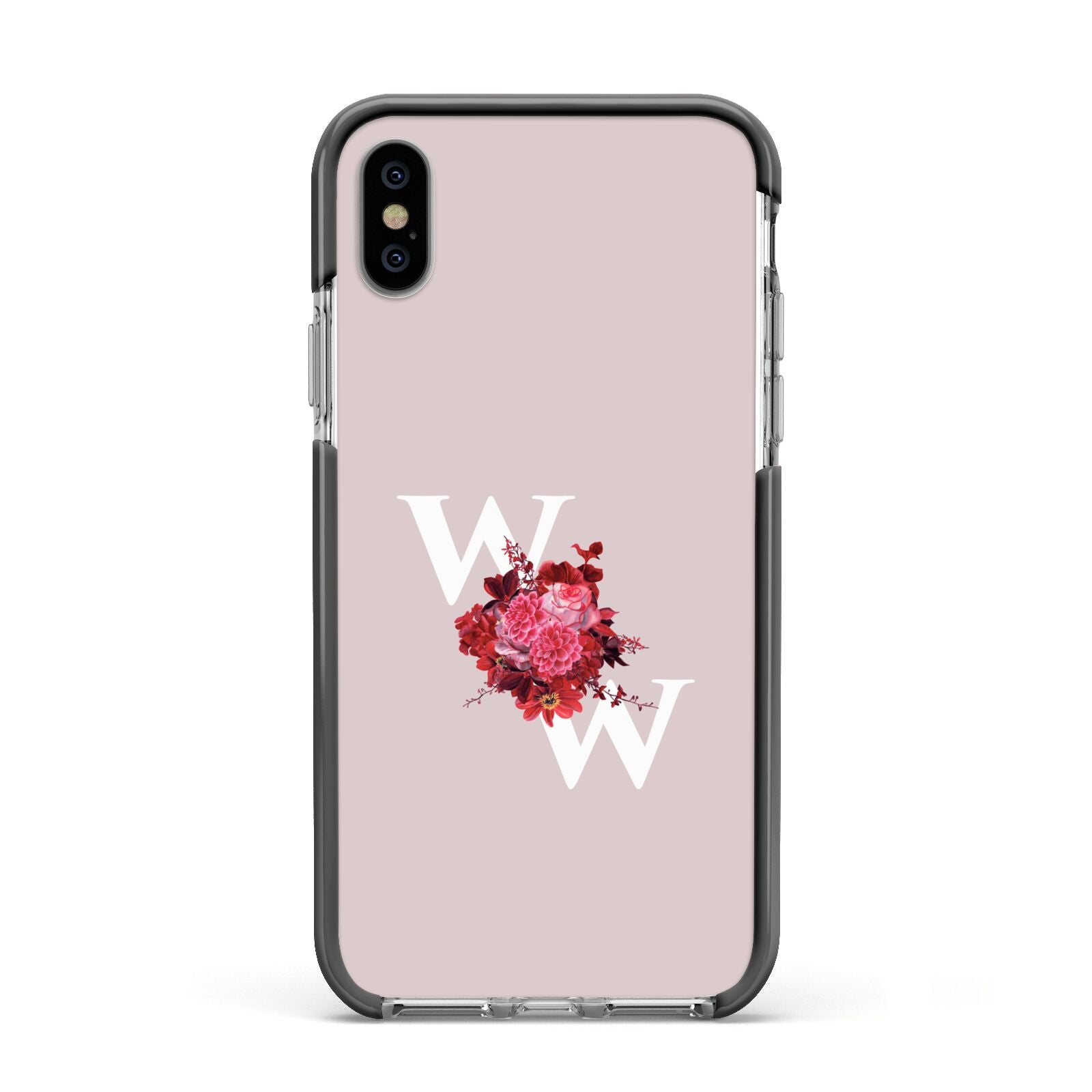 Custom Dual Initial Floral Apple iPhone Xs Impact Case Black Edge on Silver Phone