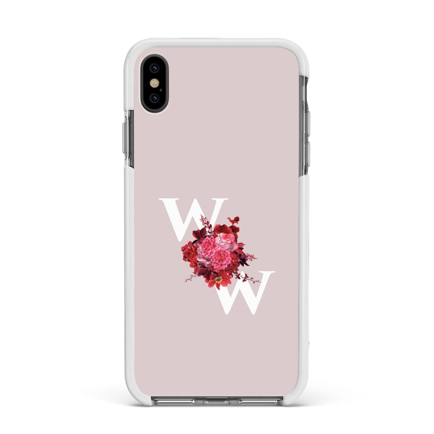 Custom Dual Initial Floral Apple iPhone Xs Max Impact Case White Edge on Black Phone