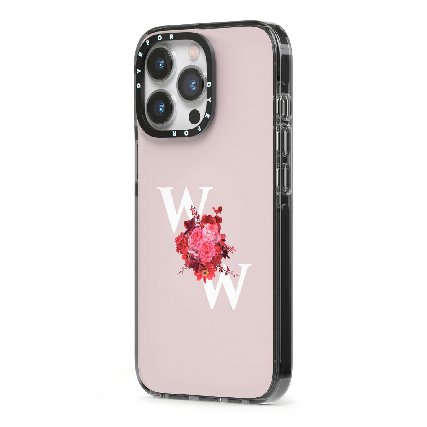 Custom Dual Initial Floral iPhone 13 Pro Black Impact Case Side Angle on Silver phone