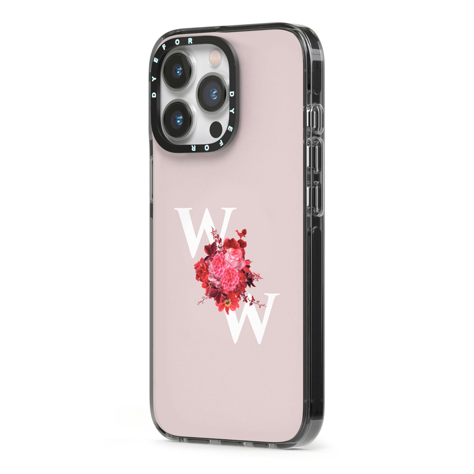 Custom Dual Initial Floral iPhone 13 Pro Black Impact Case Side Angle on Silver phone