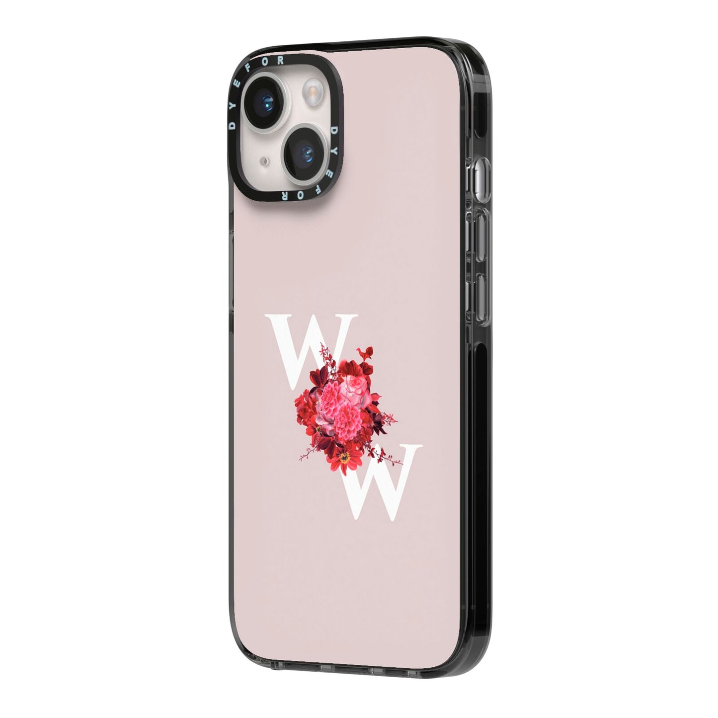 Custom Dual Initial Floral iPhone 14 Black Impact Case Side Angle on Silver phone