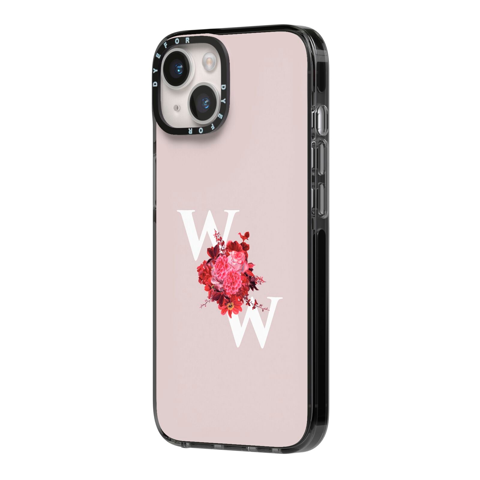 Custom Dual Initial Floral iPhone 14 Black Impact Case Side Angle on Silver phone