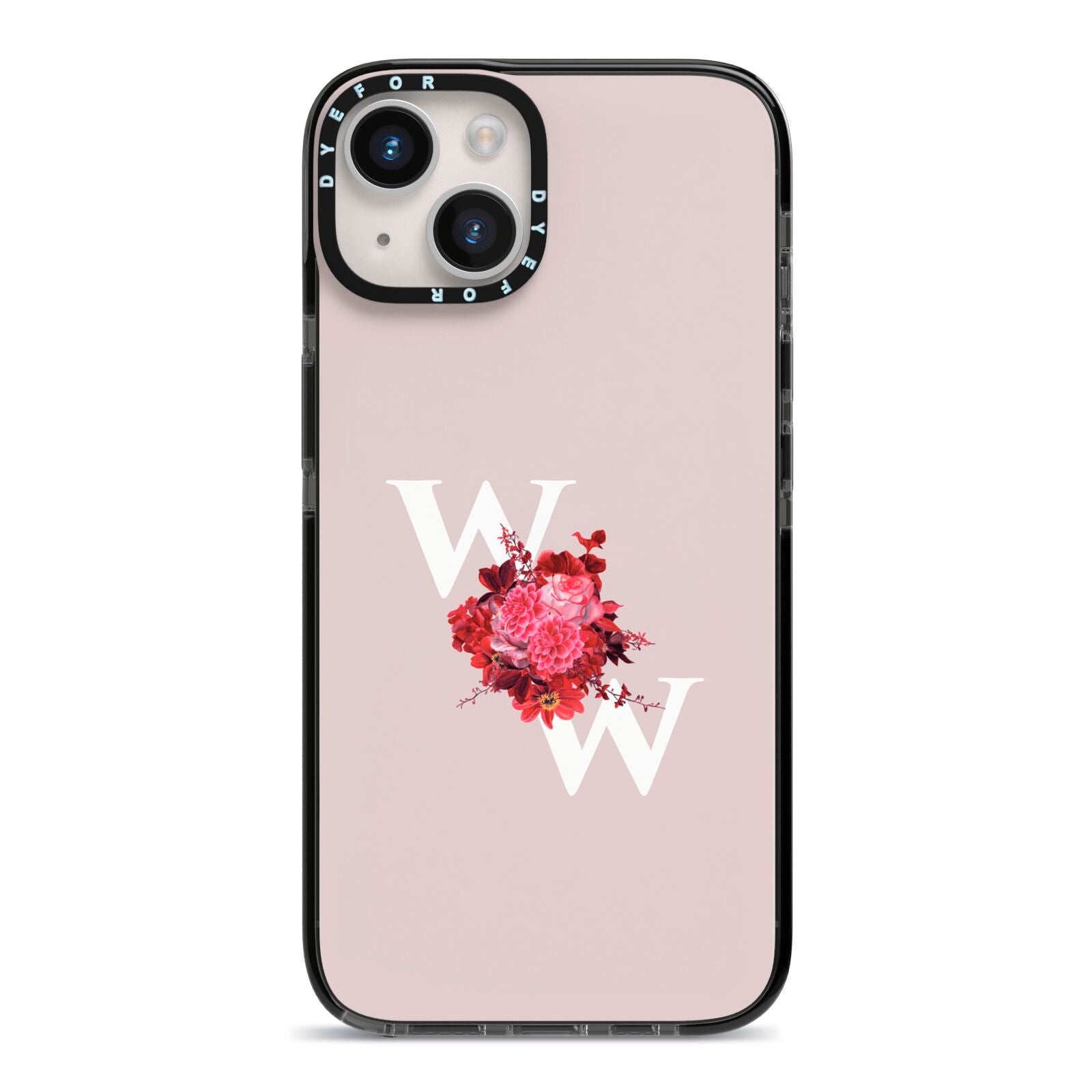 Custom Dual Initial Floral iPhone 14 Black Impact Case on Silver phone