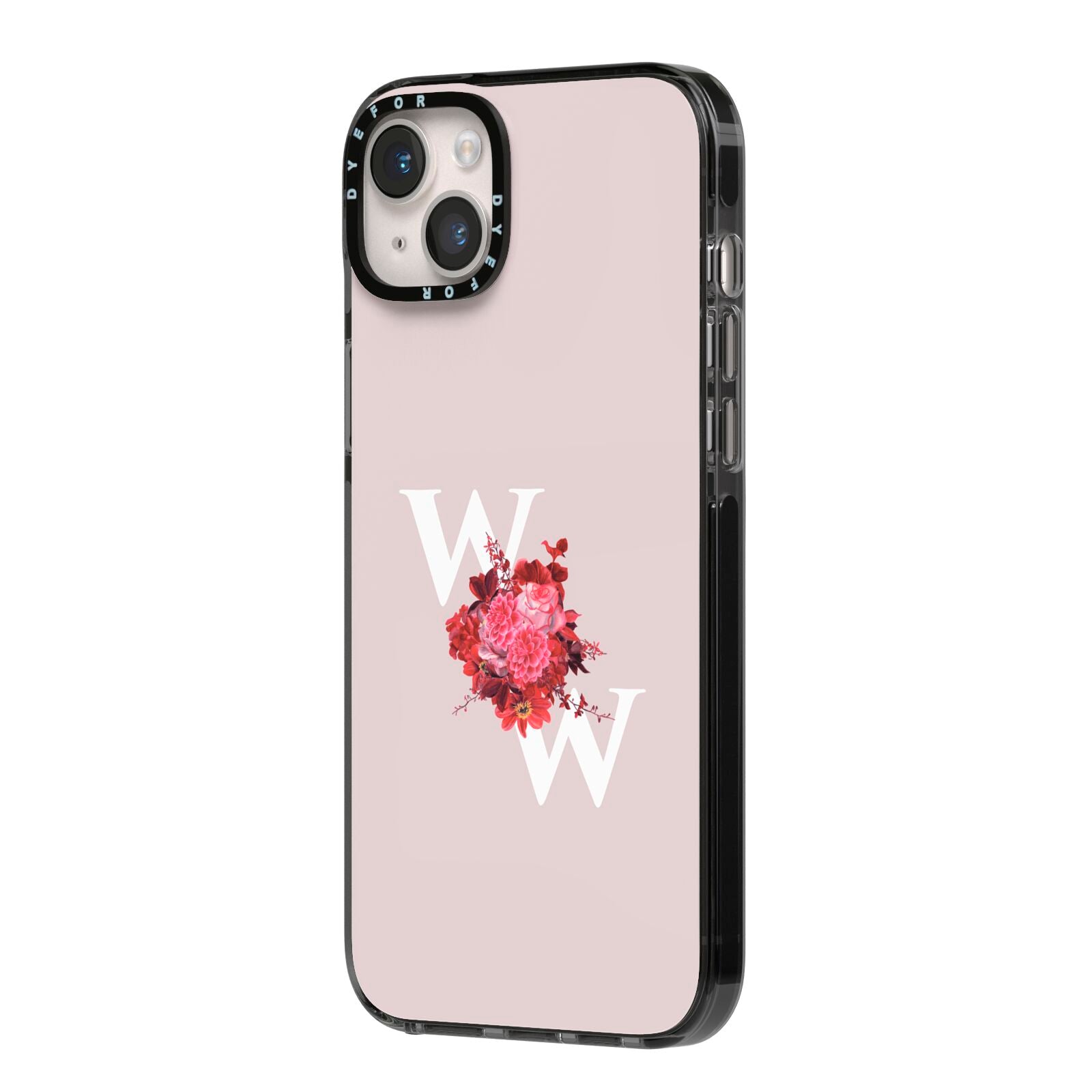 Custom Dual Initial Floral iPhone 14 Plus Black Impact Case Side Angle on Silver phone