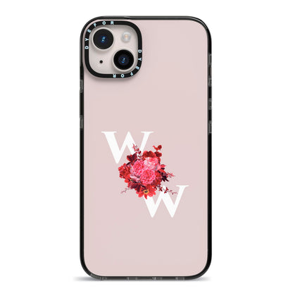 Custom Dual Initial Floral iPhone 14 Plus Black Impact Case on Silver phone