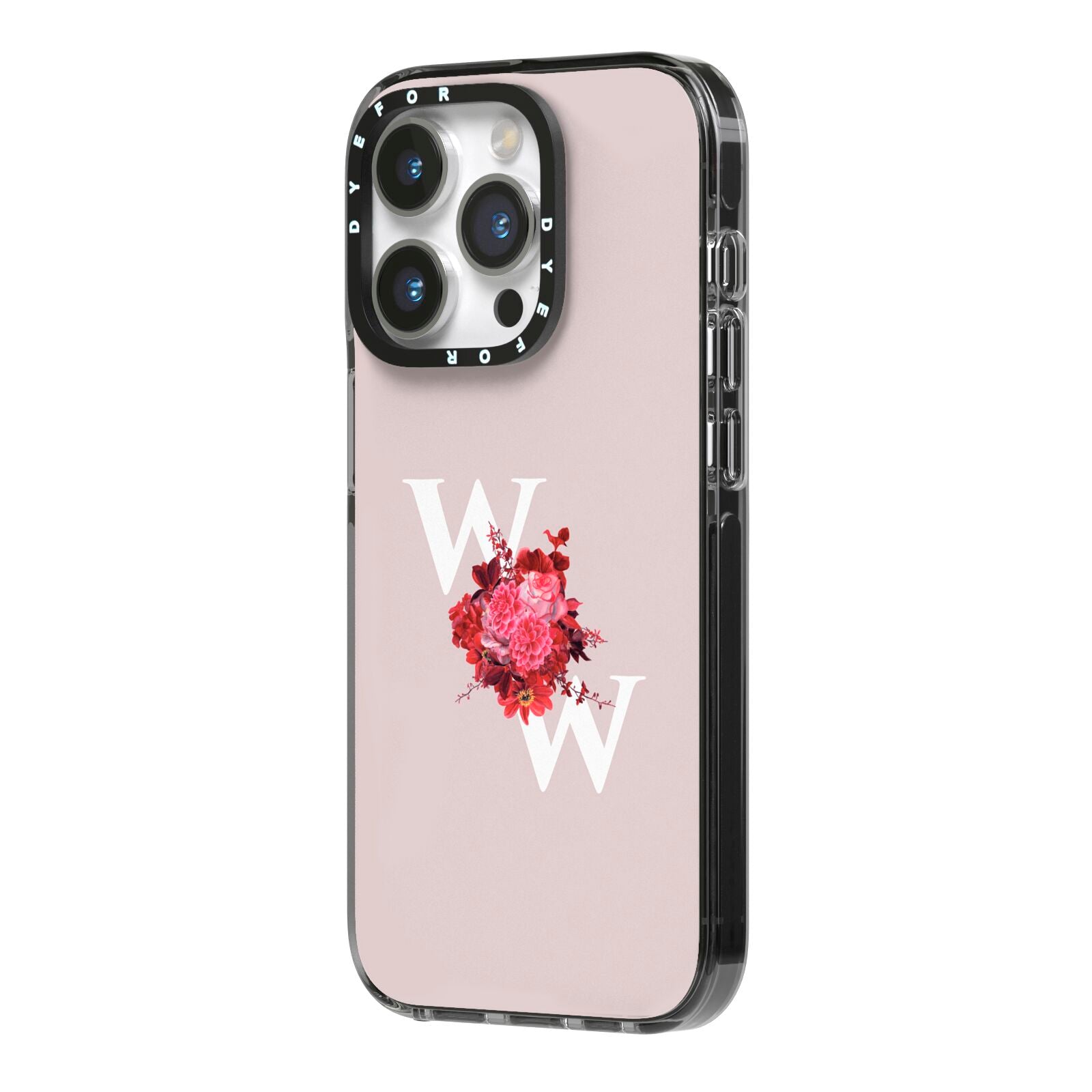 Custom Dual Initial Floral iPhone 14 Pro Black Impact Case Side Angle on Silver phone