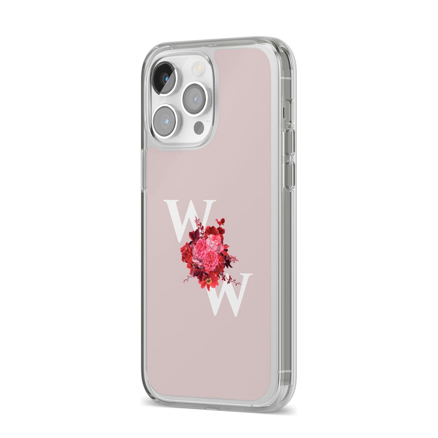 Custom Dual Initial Floral iPhone 14 Pro Max Clear Tough Case Silver Angled Image